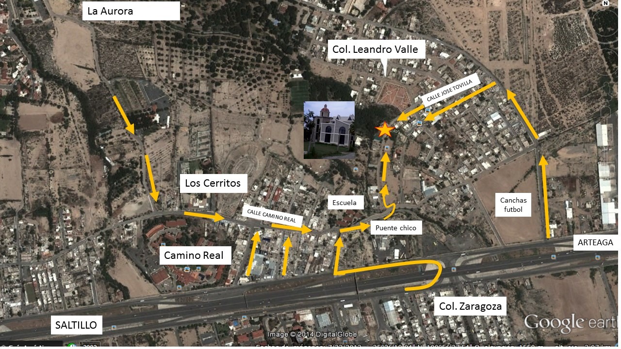 Croquis de acceso desde Camino Real y la carretera Saltillo–Arteaga hacia José Tovilia Martínez, colonia Leandro Valle.
